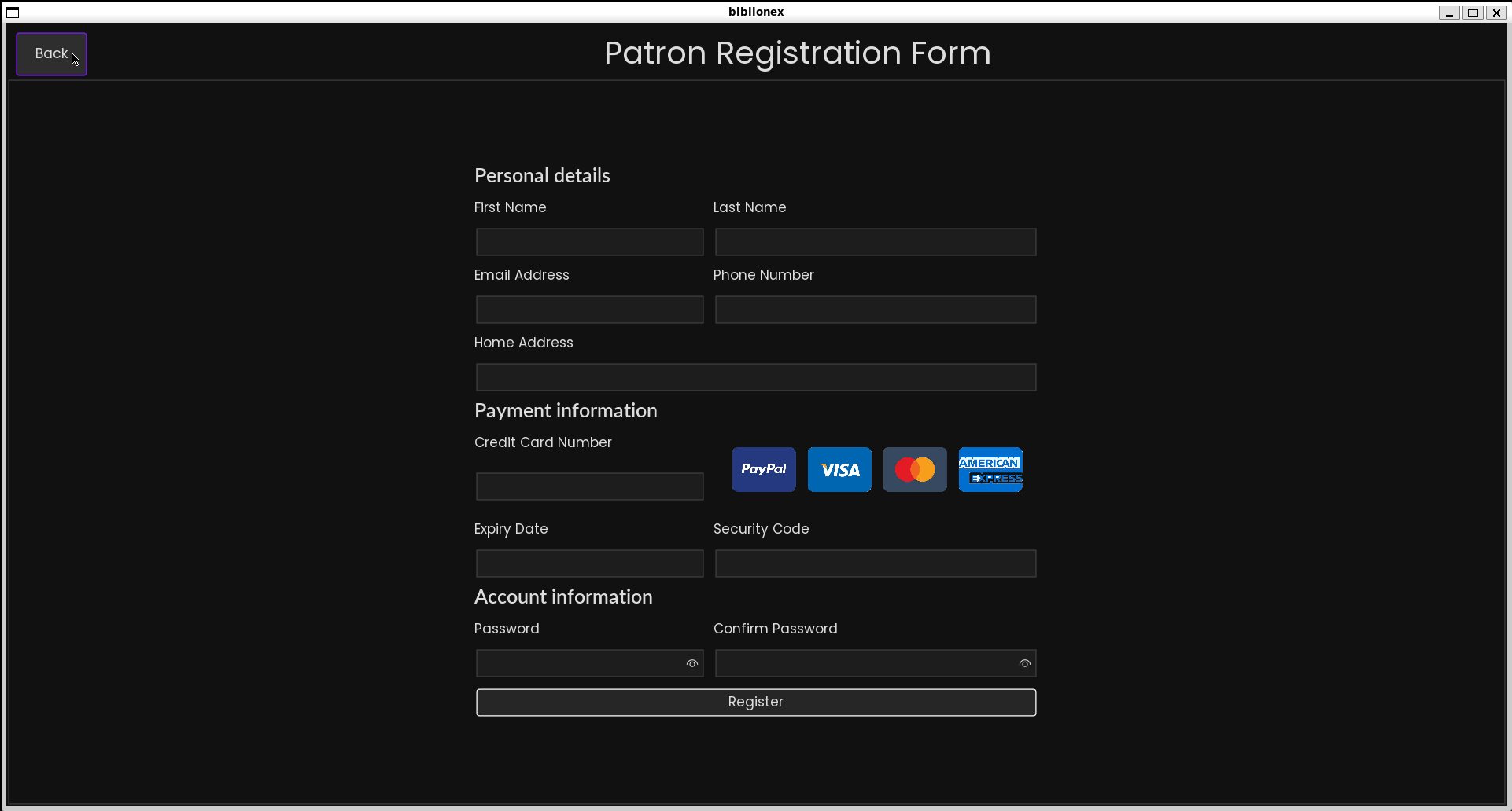 Patron registration page